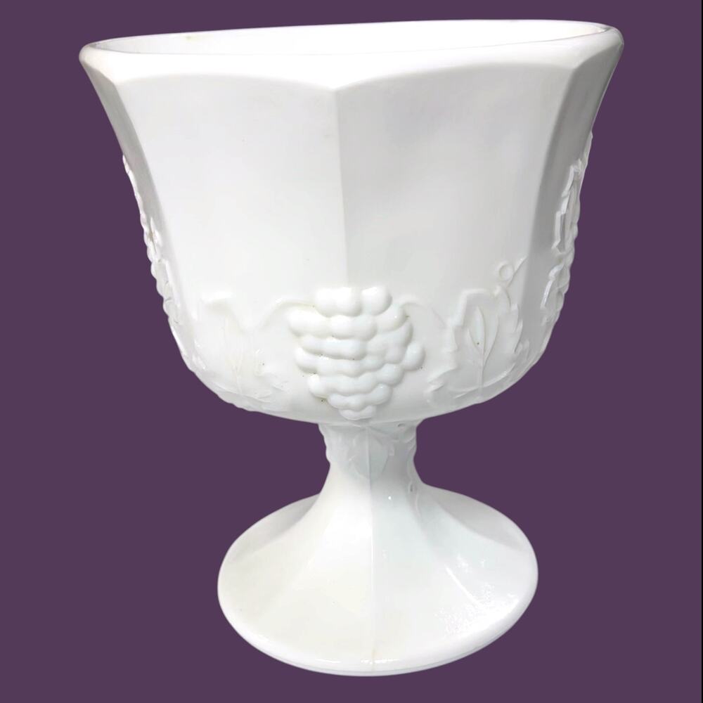 Vintage Milk Glass Grape Pedestal Compote Bowl White Dish